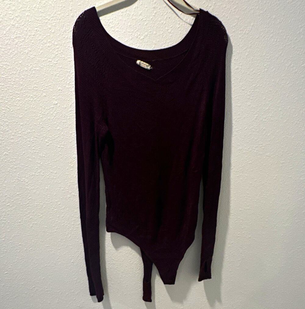 Free People Women’s Purple Long Sleeve Solid Bodysuit One Piece, Size Lg 0117